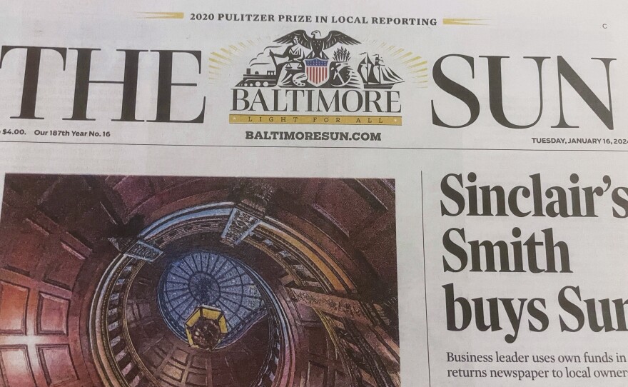 <em>The Baltimore Sun's</em> front page on Jan. 16, 2024 featured a story about the newspaper's purchase by David D. Smith, executive chairman of the Sinclair broadcasting chain and an active contributor to conservative causes.