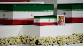 The casket of slain Iranian Supreme Leader Ayatollah Ali Khamenei's granddaughter, Zahra Mohammadi Golpayegani, is displayed alongside the caskets of Khamenei and other members of his family during a viewing ceremony ahead of the dayslong funeral ceremonies at the Imam Khomeini Mosalla Grand Mosque in Tehran, Iran, Friday, July 3, 2026.