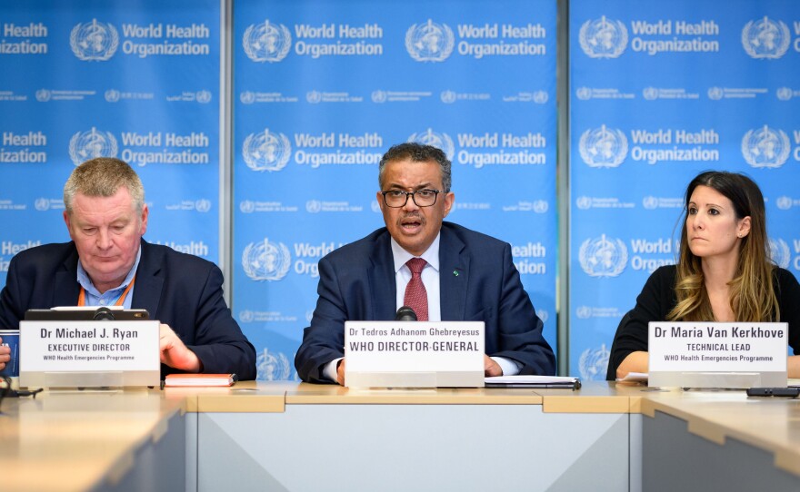 (From L) World Health Organization leaders at a press briefing on COVID-19, held on March 6 at WHO headquarters in Geneva. From left: emergencies program director Michael Ryan, director-general Tedros Adhanom Ghebreyesus and technical lead Maria Van Kerkhove.