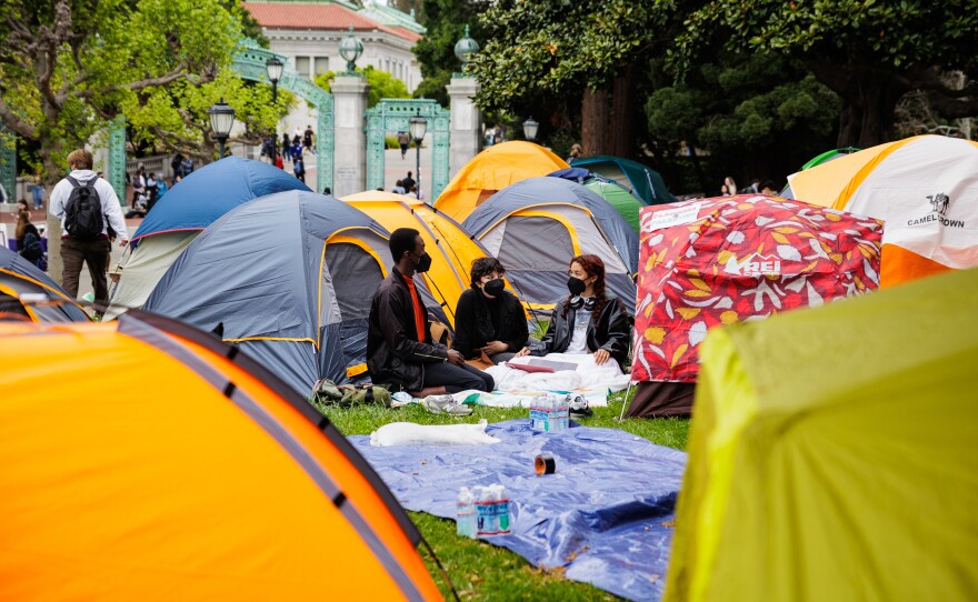 UC Berkeley students gather at the UC Berkeley Gaza Solidarity Encampment in front of Sproul Hall on Apr. 23, 2024.