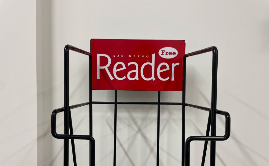 An empty rack formerly held issues of the San Diego Reader, which ended its print run after 52 years, pictured on Feb. 18, 2025.