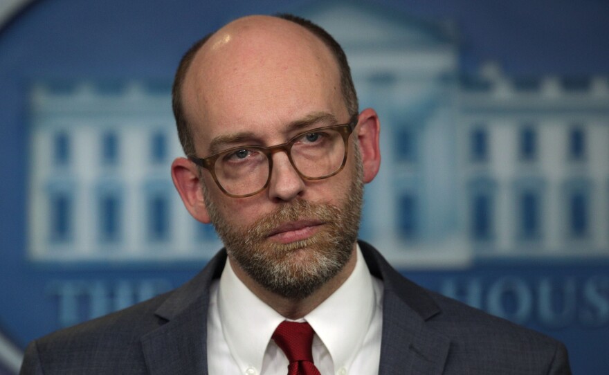 Russell Vought, former Trump administration director of the Office of Management and Budget, listens during a news briefing on March 11, 2019. Vought is currently president of the think tank The Center for Renewing America.