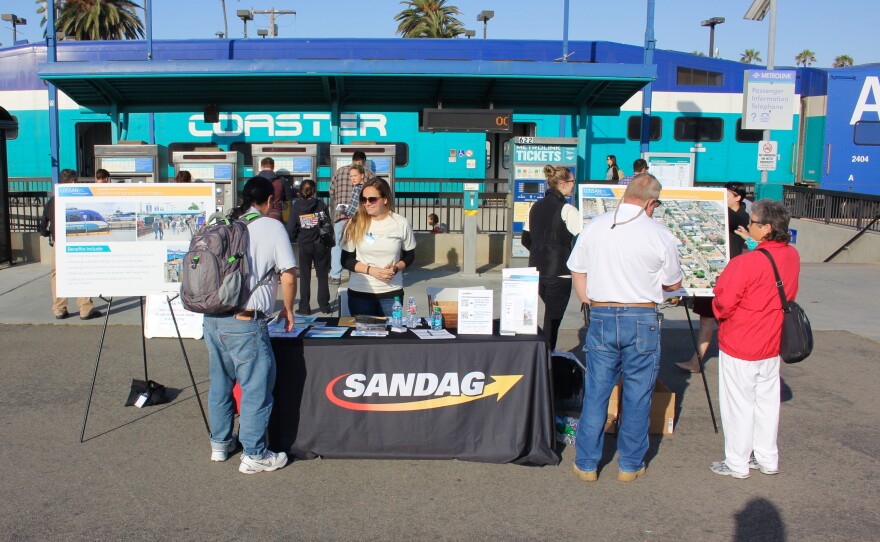 A SANDAG stand at Oceanside Transit Center informs train passengers of coming changes to the center, May 24, 2016.