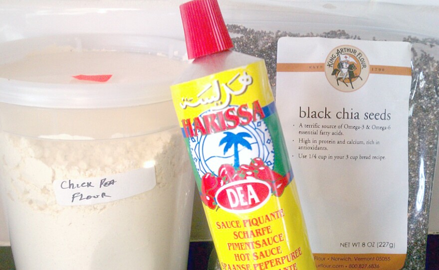 A kitchen renovation revealed some unusual items Laurel Ruma had picked up while traveling: chickpea flour, harissa and chia seeds.