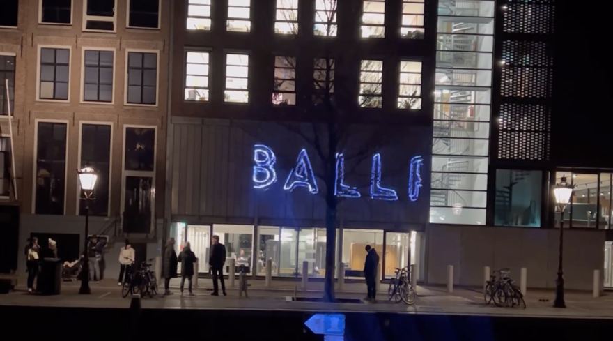 A still from a video showing part of a laser projection of an antisemitic message on the Anne Frank House in Amsterdam on Feb. 6, 2023. The video garnered widespread condemnation and was referenced in high-profile news articles in several countries.