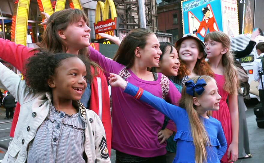 Tyrah Skye Odoms (Kate), Georgi James (Pepper), Madi Rae DiPietro (July), Emily Rosenfeld (Molly), Junah Jang (Tessie), Taylor Richardson (Duffy), Jaidyn Young in Times Square, New York.