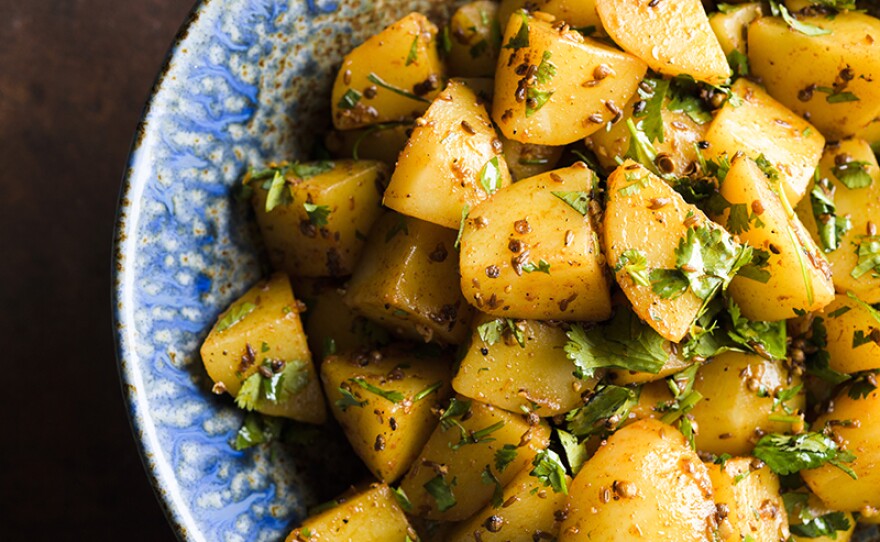 Cumin-Coriander Potatoes with Cilantro (Patates Mekhalel) is featured on "From Morocco To Egypt."