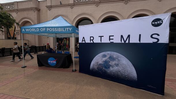 An ARTEMIS display is shown outside Fleet Science Center in Balboa Park on Thursday, April 9, 2026.