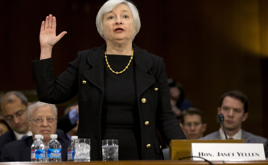 Janet Yellen, President Obama's nominee to become the next chairman of the Federal Reserve Board, is sworn in Thursday on Capitol Hill for her confirmation hearing.