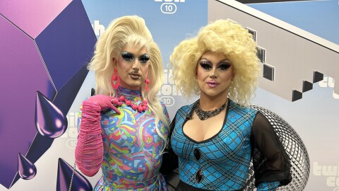 Drag performers Deere (left) and DragTrashly pose at TwitchCon at the San Diego Convention Center. Oct. 17, 2025.