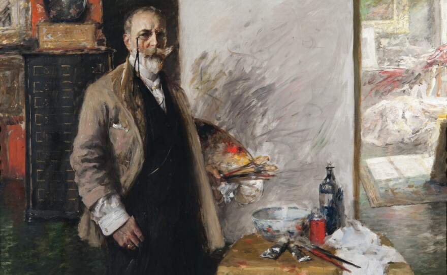Chase was known for his impeccable dress, which fascinated students. One said, "he can do an oil painting wearing a white flannel suit and get not a drip on himself." Chase painted this self portrait in his 4th Avenue studio.