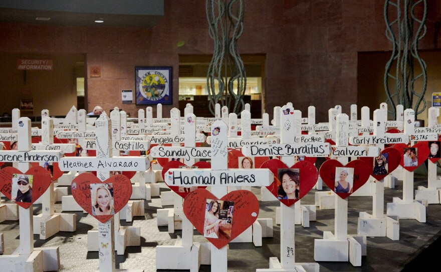 Each of the 58 people killed in the attack is honored with a cross inside the Clark County Government Center in Las Vegas on Sept. 28, 2018. It was the deadliest mass shooting in modern U.S. history.