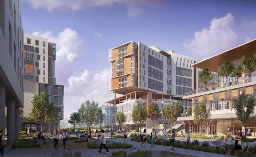 A rendering shows the North Torrey Pines Living and Learning Neighborhood, a mixed-use community incorporating residential, academic and administrative space, at UC San Diego.