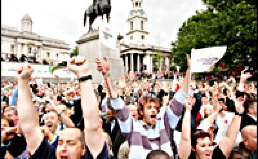 Crowds in London's Trafalgar Square celebrate as the announcement is made that London will host the 2012 Olympics.