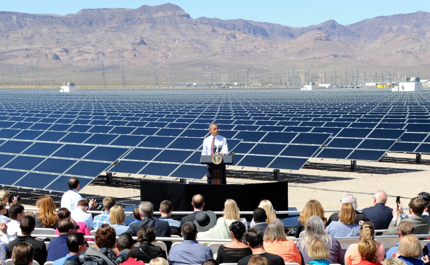 U.S. President Barack Obama speaks at Sempra U.S. Gas & Power's Copper Mountain Solar 1 facility, the largest photovoltaic solar plant in the United States on March 21,