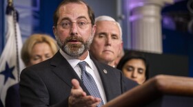 Department of Health and Human Services Secretary Alex Azar, with Vice President Mike Pence and other members of President Donald Trump's coronavirus task force speaks to reporters during a briefing on coronavirus in the Brady press briefing room of the White House, Tuesday, March 10, 2020 in Washington.