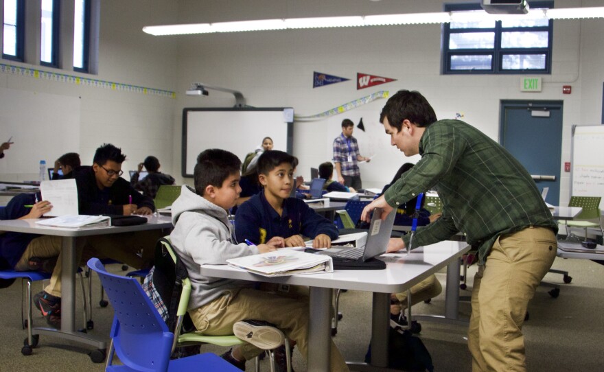 Sixth-graders in a dual-language math class at Kepner Beacon.