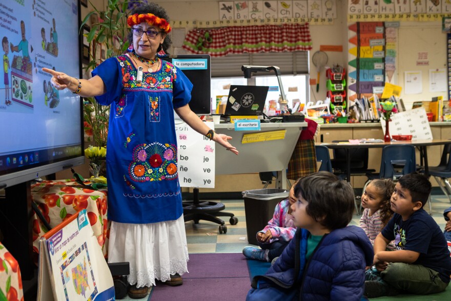 Teacher Linda Guerra-Adame instructs her bilingual class at Rosa Parks Elementary School in City Heights, May 4, 2023.