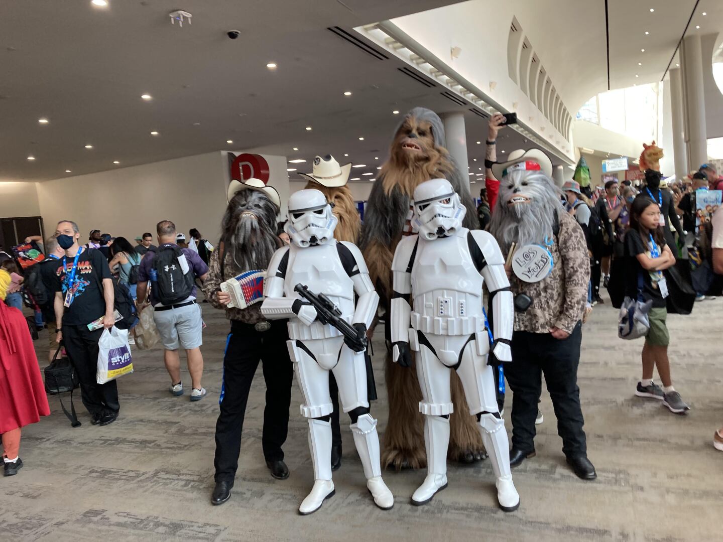 Storm troopers stand guard in front of Chewbacca and Los Wukis on July 26, 2024 at Comic-Con.
