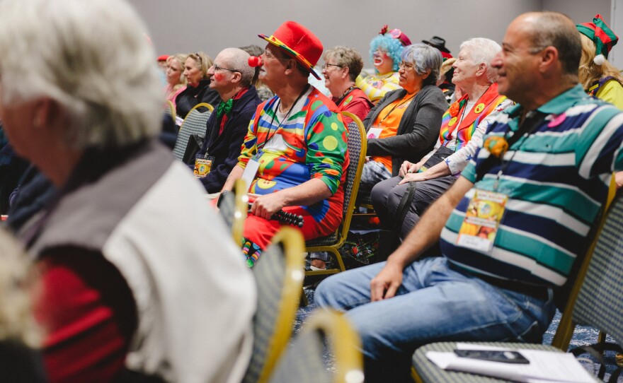 Audience at the World Clown Convention welcome orientation in Orlando, Florida on March 20, 2023.