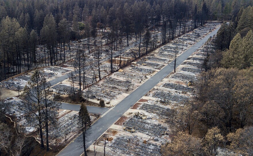 The Camp Fire leveled homes in the Ridgewood Mobile Home Park retirement community late last year in Paradise, Calif. The state's largest utility, PG&E, may face billions in liability costs if its equipment is found to be responsible for igniting the fire.