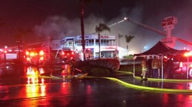 Firefighters fighting a three-alarm fire at the China Max Seafood Restaurant in Kearny Mesa on April 7, 2020.