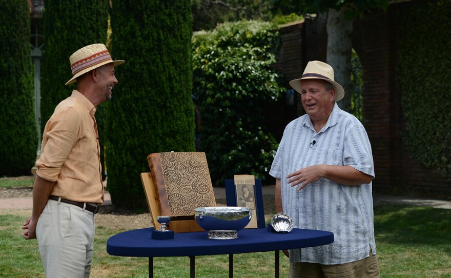 Sebastian Clarke (left) appraises a Charla Ilgner archive, ca. 1940, in Woodside, Calif.