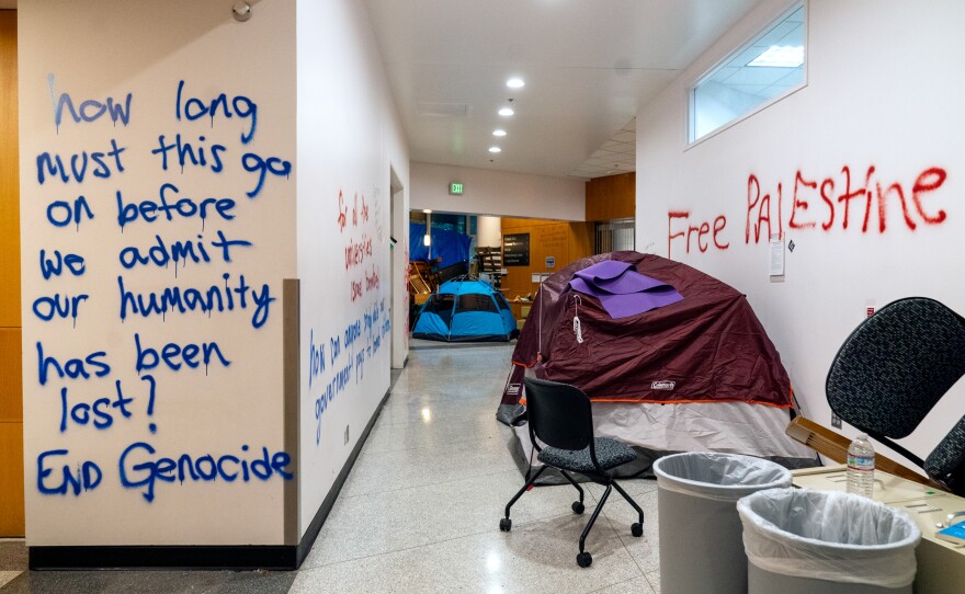 Inside the occupied Branford Price Millar Library at Portland State University on April 30. Demonstrators protesting the war in Gaza have occupied the library since Monday evening.