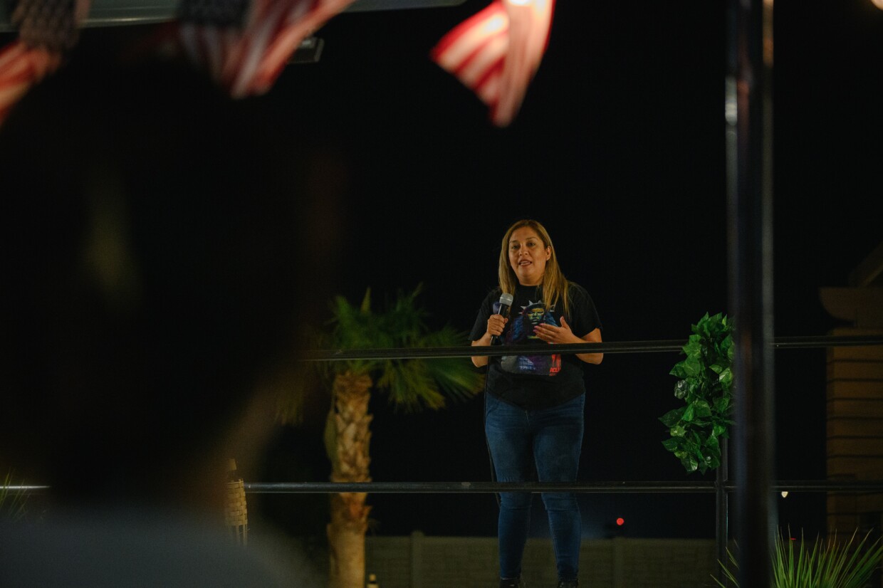ACLU Imperial Valley director Crystal Quezada during an information event organized by the ACLU team, along with five other local advocacy organizations, on Oct. 18, 2024. The coalition is hoping to register hundreds of new voters and get people energized about casting their ballots ahead of the November election.