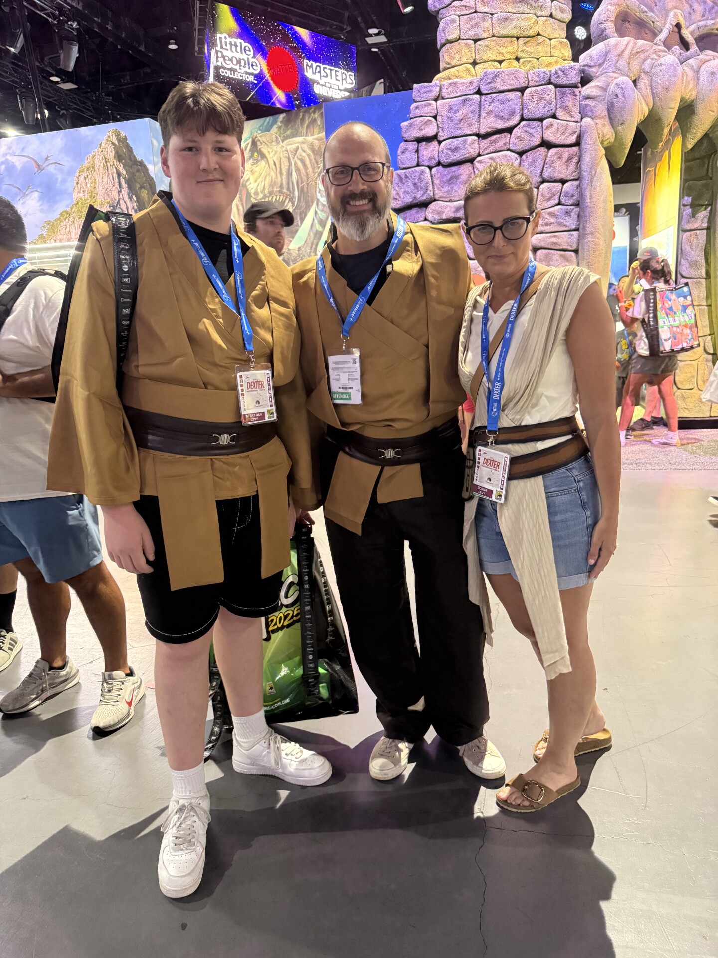 Seb (left), Howard, and Donna Levy (right) cosplay as, in Howard’s words, “Rey and her mates,” at Comic-Con on July 24, 2025. The family is visiting San Diego from London.