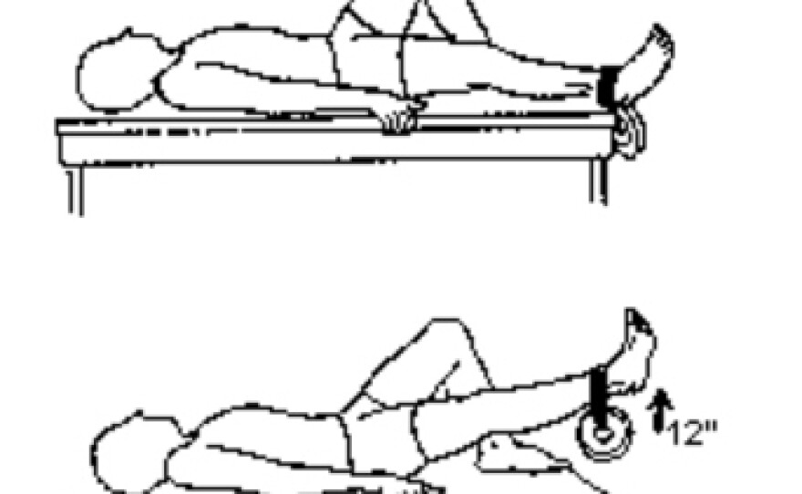 An exercise prescribed to Richard Knox: Lying on a table with a straight leg, lift the affected leg to strengthen the quadricep muscle using ankle weights. For more information, see the <a href="http://www.nismat.org/ptcor/pfp">Nicholas Institute of Sports Medicine and Athletic Trauma.</a>