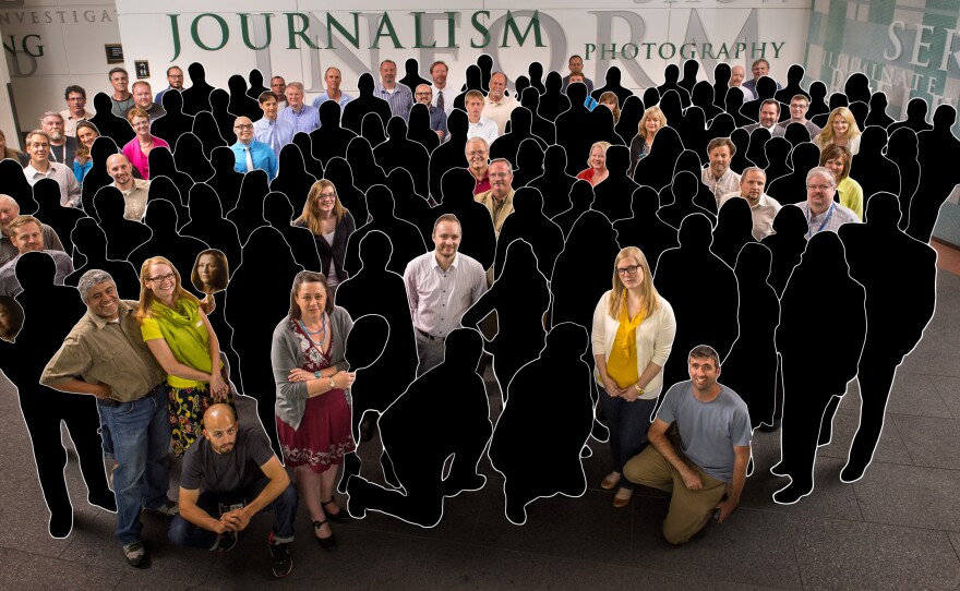In May 2013, 142 newsroom employees of The Denver Post posed for a photo after the newspaper won a Pulitzer Prize for its coverage of the Aurora theater shooting in 2012. This illustration shows the original staff members who remain in April 2018.
