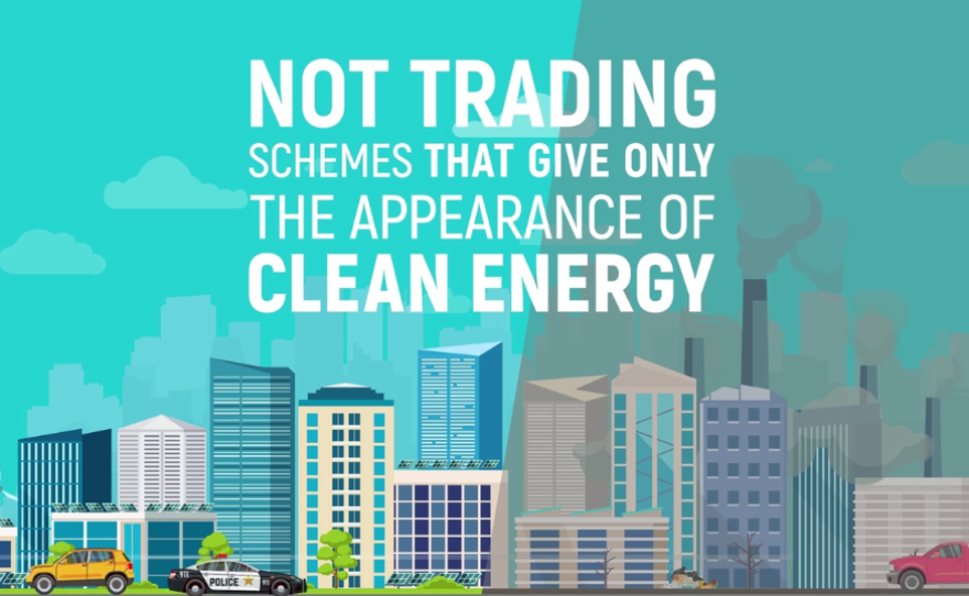A screenshot from a video produced by Sempra Services shows the text: "Not trading schemes that give only the appearance of clean energy."