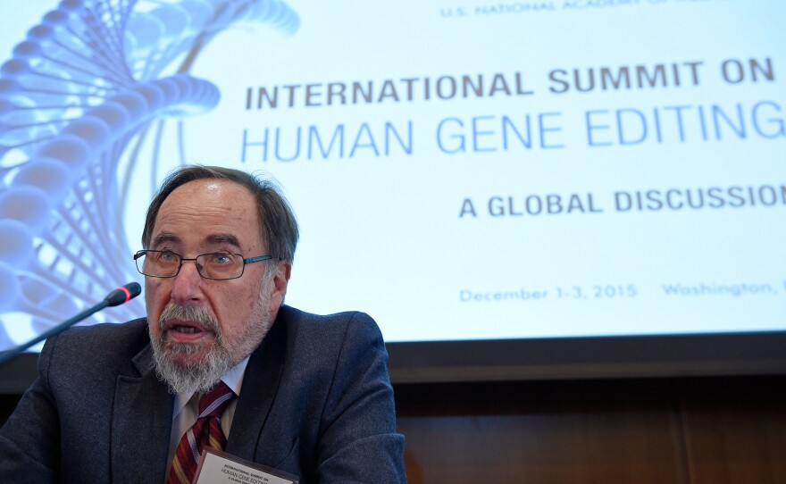 Nobel laureate David Baltimore of Caltech speaks to reporters at the National Academy of Sciences international summit on human gene editing, on Tuesday in Washington, D.C. Hundreds of scientists and ethicists from around the world debating how to deal with technology that makes it easy to edit the human genetic code.