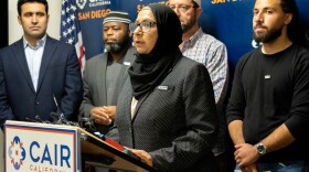 CAIR California San Diego executive director Tahzeen Nizam addresses the press from the CAIR office on Tuesday, April 9, 2024.