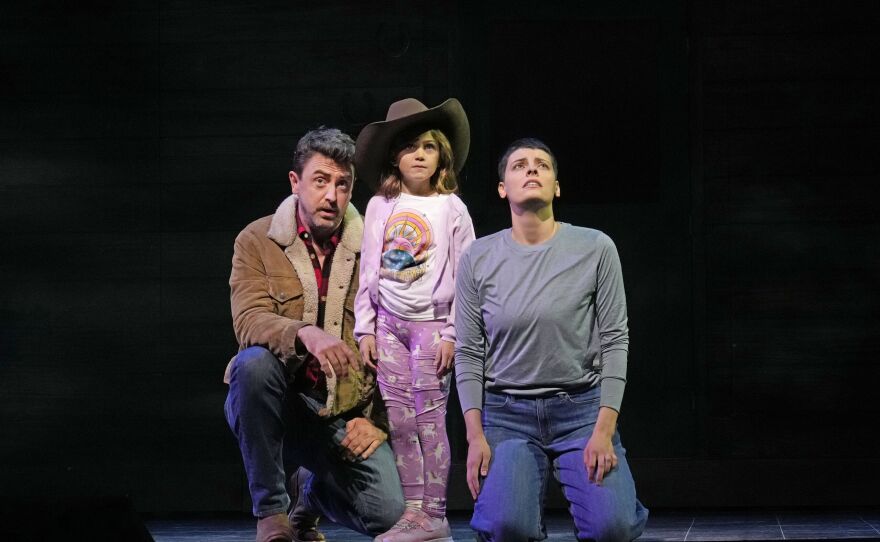Ben Bliss as Eric, Lucy LoBue as Sam, and Emily D'Angelo as Jess in Jeanine Tesori's "Grounded."