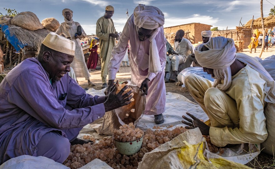 Gum arabic traders at a market in the village of Karnak, Chad. A nongovernmental group called SOS Sahel is planting acacia trees, which produce the gum, as a part of its work on the Great Green Wall initiative.