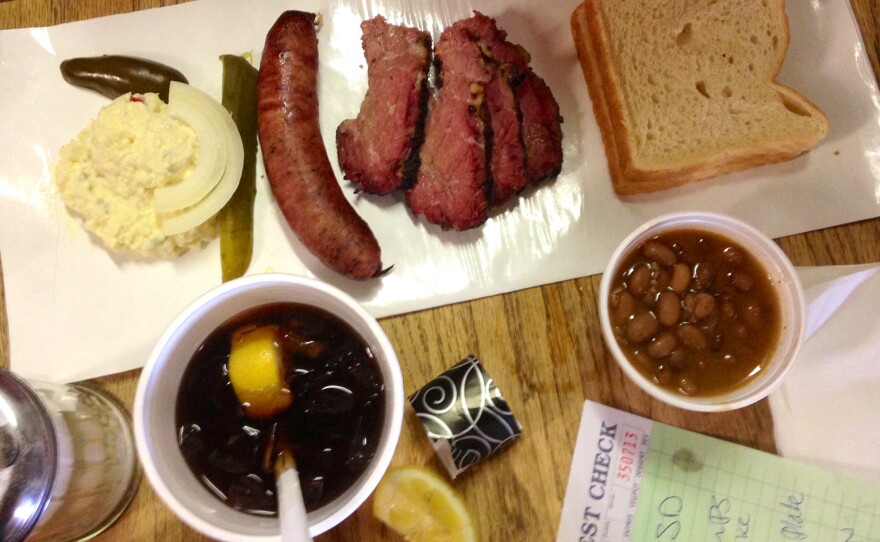 This serving of Texas barbecue brisket, sausage and beans was a mere snack on our epic moveable feast.