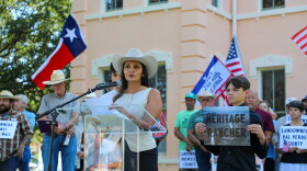 Yolanda Alvarado, a fifth-generation cattle rancher in west Texas, stands with her sons at a press conference on Monday in Marfa, announcing a landowner lawsuit against a proposed border wall along the border with Mexico.