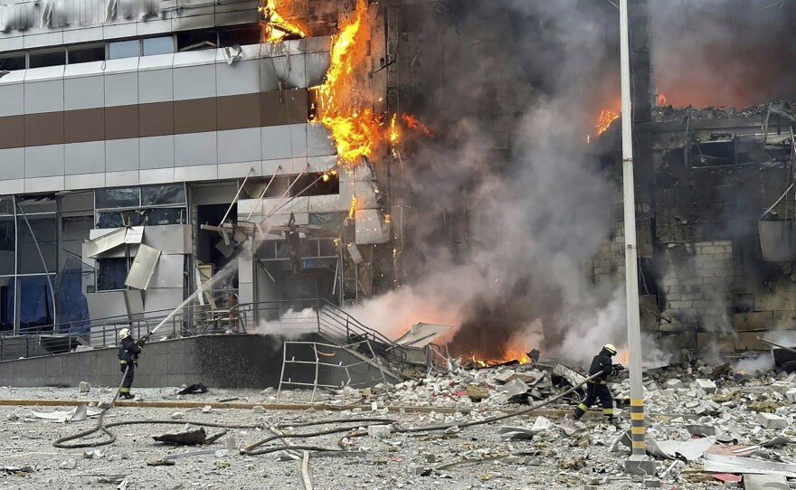 Kyiv: Firefighters work on the site of a building damaged after a Russian attack in Kyiv, Ukraine, Friday, Dec. 29, 2023.