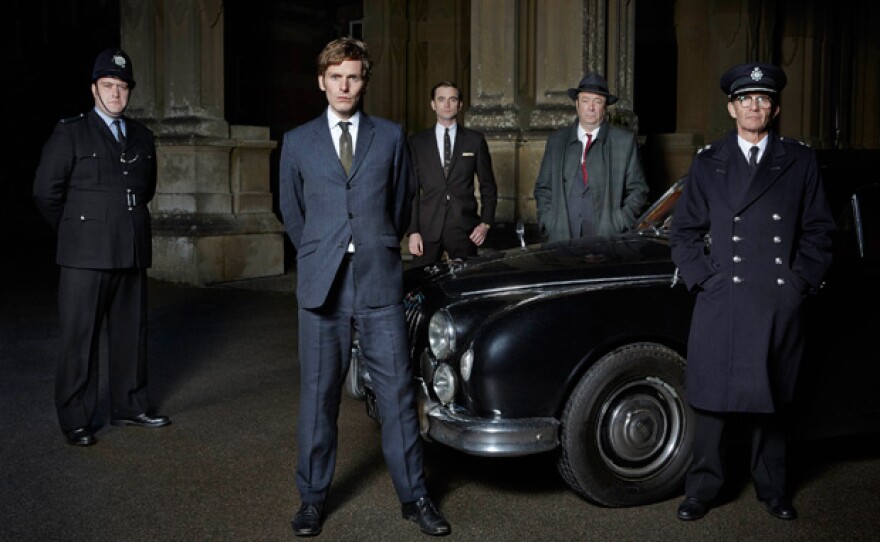 The cast from season two of ENDEAVOUR: Sean Rigby as PC Strange, Shaun Evans as Endeavour Morse, Jack Laskey as DS Peter Jakes, Roger Allam as DI Fred Thursday, and Anton Lesser as CH Superintendent Reginald Bright.