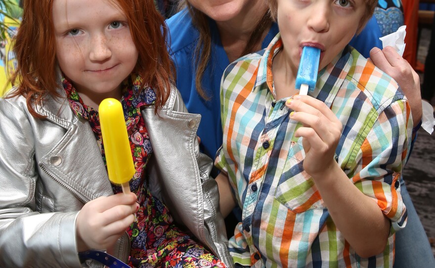 Falco and her children, Macy and Anderson, enjoy a frozen treat at the <em>Rio 2</em> screening after-party in New York in March.