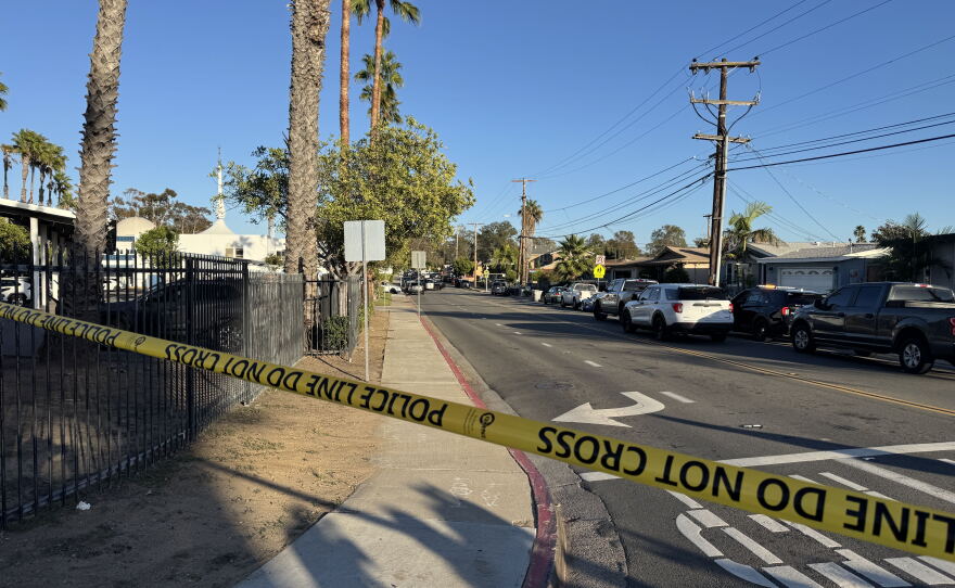 Caution tape stretches across the Islamic Center of San Diego entrance on Oct. 27, 2026.
