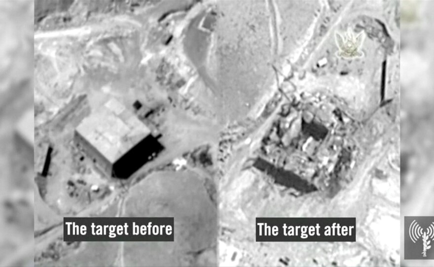 This image, which is excerpted from a video released Wednesday, shows what the Israeli military says was a suspected Syrian nuclear reactor site near Deir al-Zor, photographed before and after an Israeli airstrike in September 2007.