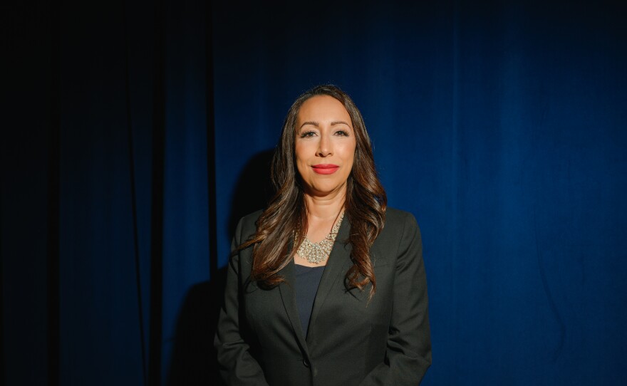 Paloma Aguirre, the mayor of Imperial Beach and a candidate for the District 1 seat on San Diego County’s Board of Supervisors, stands for a portrait at the KPBS studios in San Diego, California on May 14, 2025.