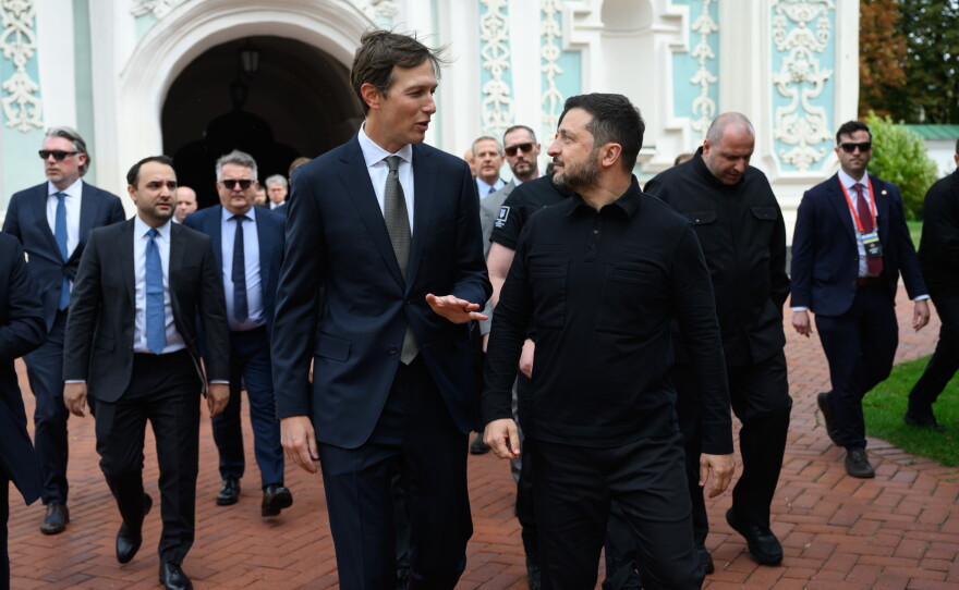 In this photo provided by the Ukrainian Presidential Press Office, Ukraine's President Volodymyr Zelenskyy, right, and U.S. President Donald Trump's envoy Jared Kushner talk in Kyiv, Ukraine, Sunday, Sept. 6, 2026.
