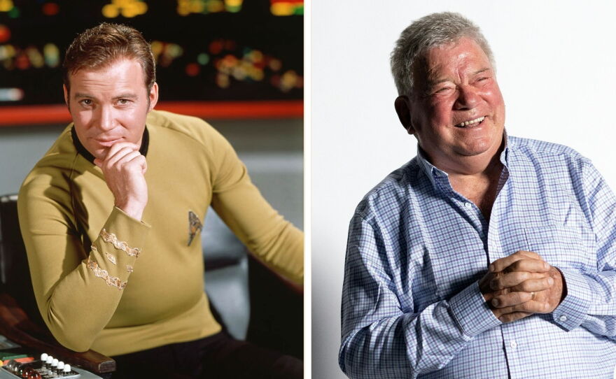 William Shatner as Captain James T. Kirk in Star Trek and, right, in California in 2023.