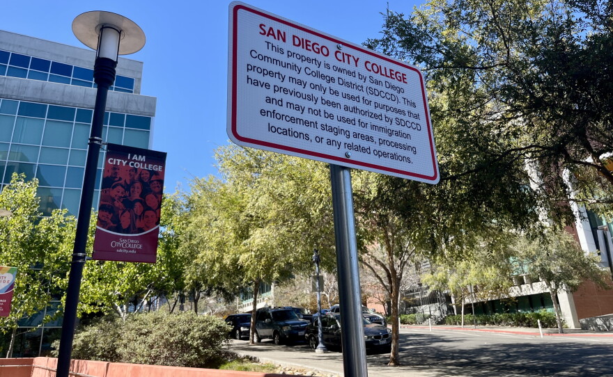 New signage has been installed on the perimeter of San Diego City College explaining that immigration enforcement may not operate on campus, Oct. 19, 2026.