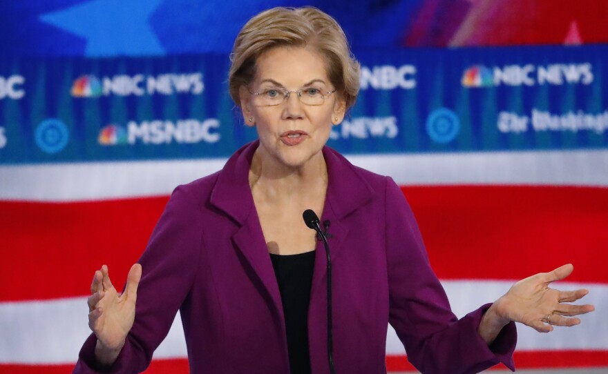 Democratic presidential candidate Elizabeth Warren speaks during last month's presidential primary debate in Atlanta.