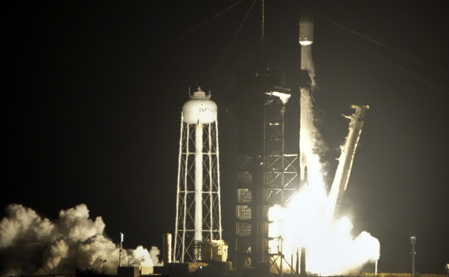 A SpaceX Falcon 9 rocket lifts off from pad 39A with a payload of a pair of lunar landers at the Kennedy Space Center in Cape Canaveral, Fla., Wednesday, Jan. 15, 2025.